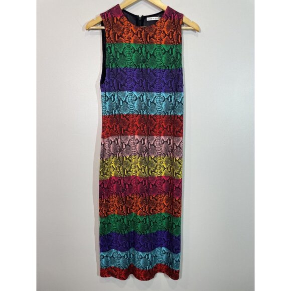 Alice + Olivia Delora Rainbow Snake Print Midi Dress Size 12 Sleeveless Colorful - Picture 1 of 8